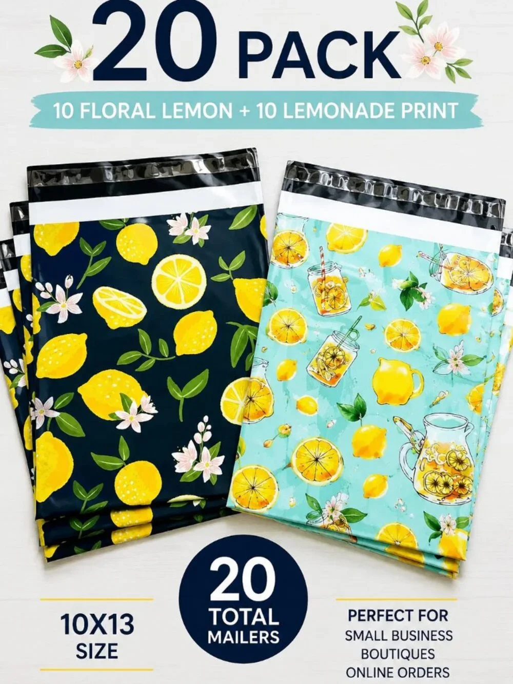 20 Pack 10x13 Lemon Poly Mailers | 10 Floral Lemon + 10 Lemonade Print